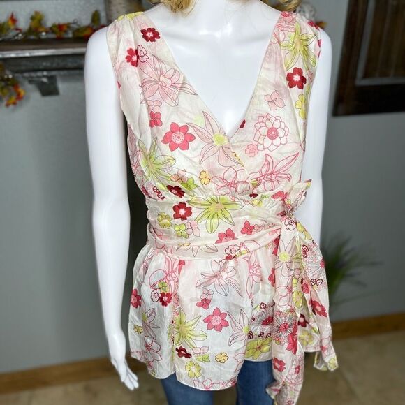 Vintage Faux Wrap Floral Print V-Neck 100%Silk Peplum Hem Top Size Small - Picture 10 of 14